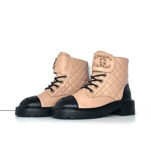 Chanel Quilted CC Logo Lambskin and Calfskin Cap Toe Combat Short Boots 36.5